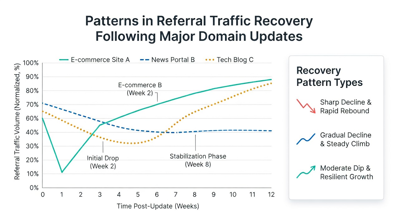 Graph comparing referral traffic recovery across different industry sectors post domain update